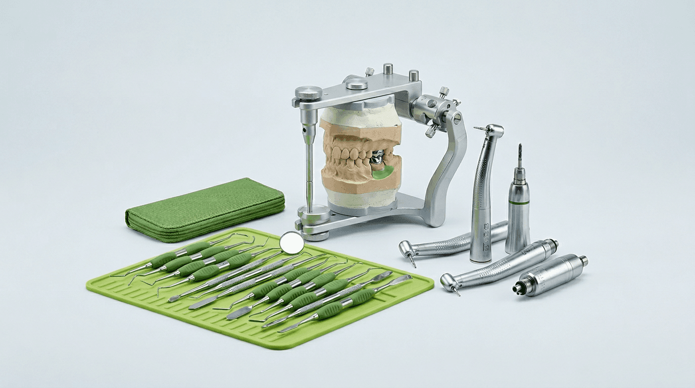 Instruments dentaires avec touches vertes au centre, articulateur visible sur le côté, plan blanc.