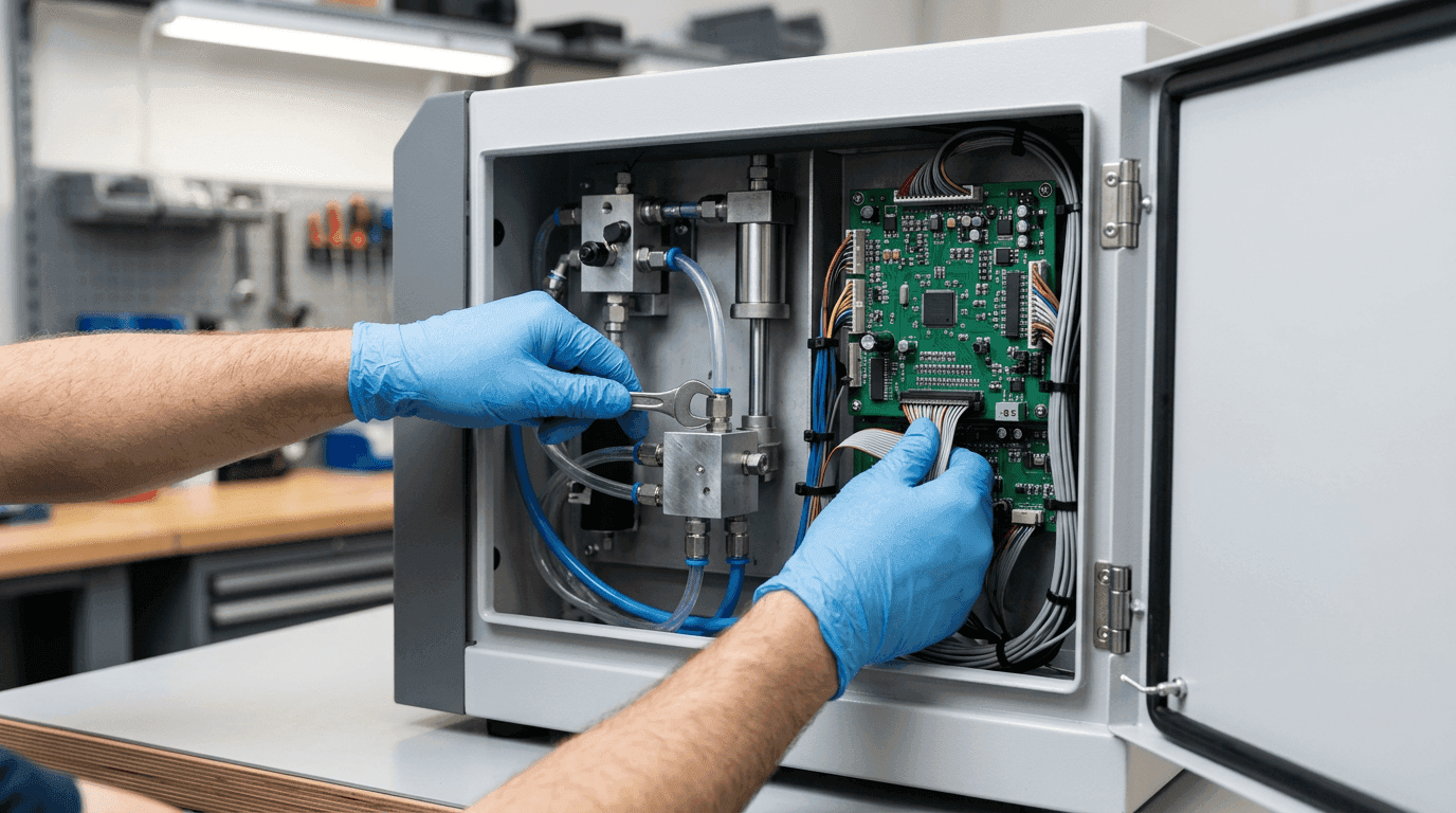 Mains gantées sur une machine ouverte : hydraulique, circuits imprimés et câblage visibles.