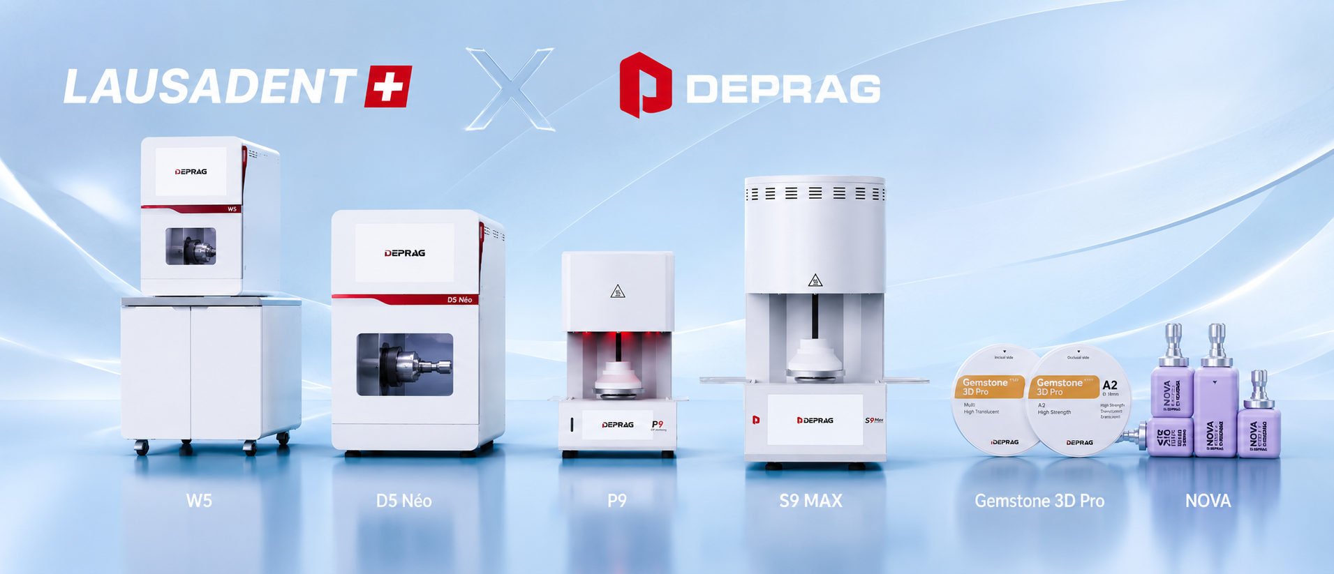 Partnerschaft Lausadent und Deprag: Laborgeräte (W5, D5 Néo, P9, S9 MAX, Gemstone 3D Pro, NOVA).